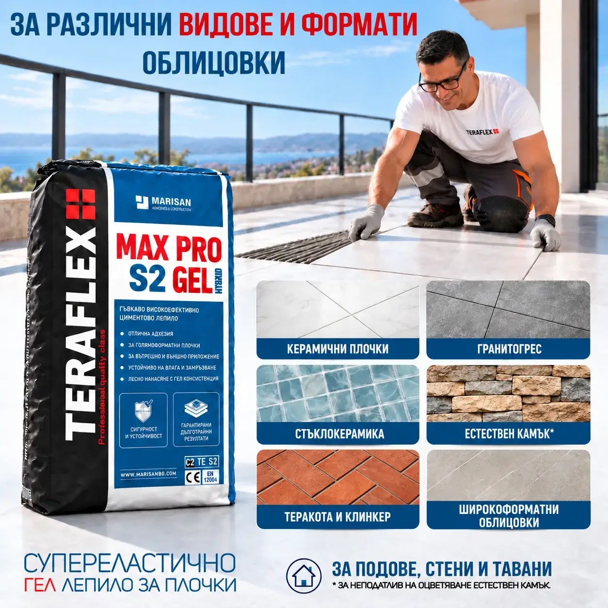 teraflex-max-pro-s2-vidove-formati-oblicovki ТЕРАФЛЕКС MAX PRO S2 гел лепило – за керамични плочки, гранитогрес, стъклокерамика, естествен камък и широкоформатни облицовки
